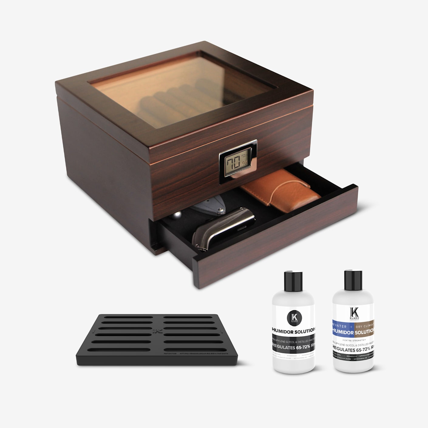 Humidificateur à Cigares Klaro Mill Glass Top - Capacité 30-60 Cigares Avec Hygromètre Digital Et Système Hydro